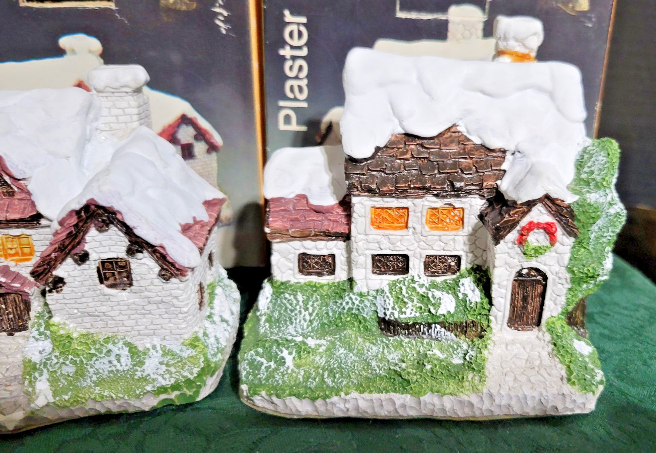 4 Vintage Hand Painted Plaster Snow Houses -TAIWAN -4″high StartYour own village