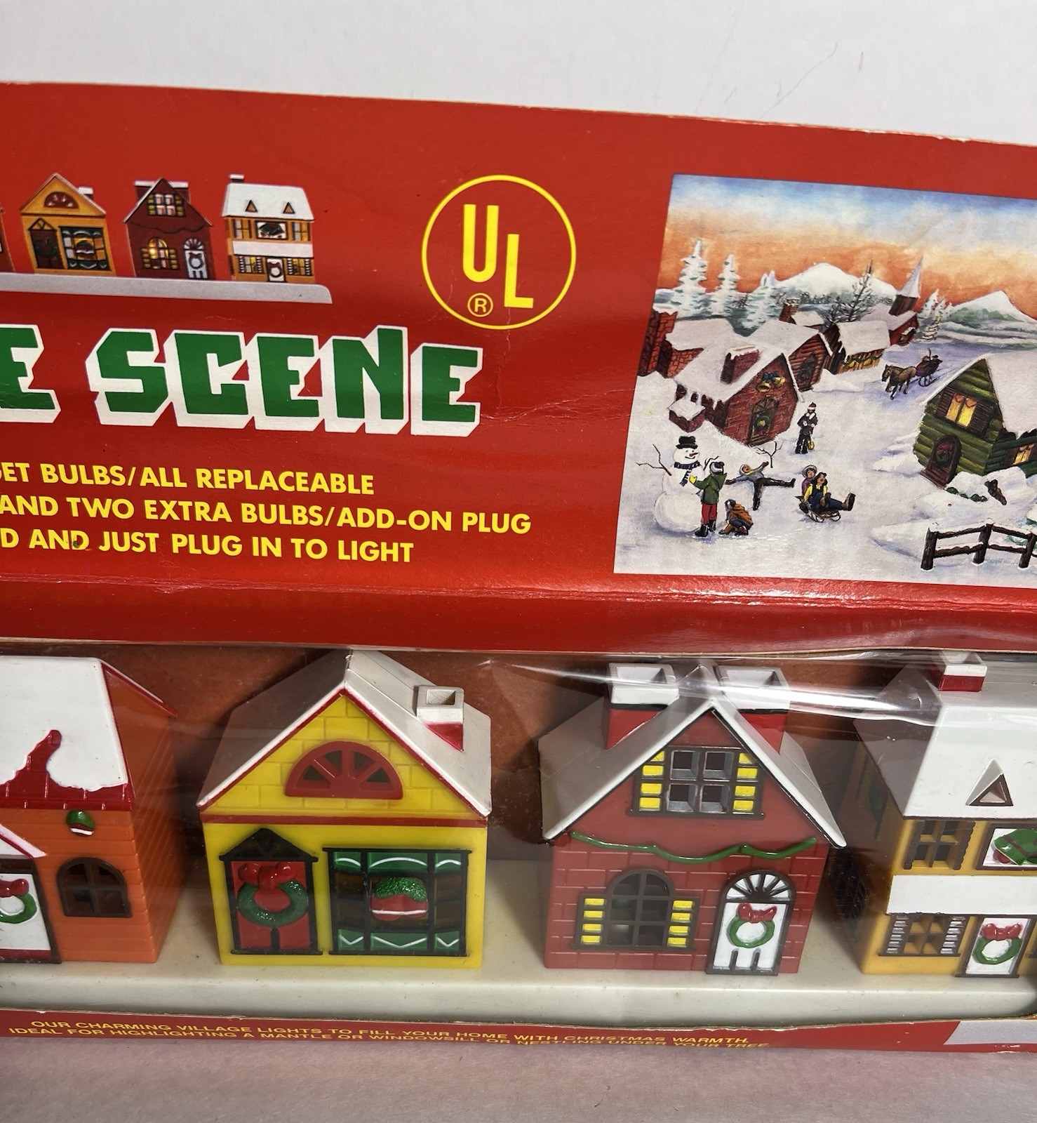 Vintage 10 Light Christmas Village Scene Houses Lighted Cottage Core In Box