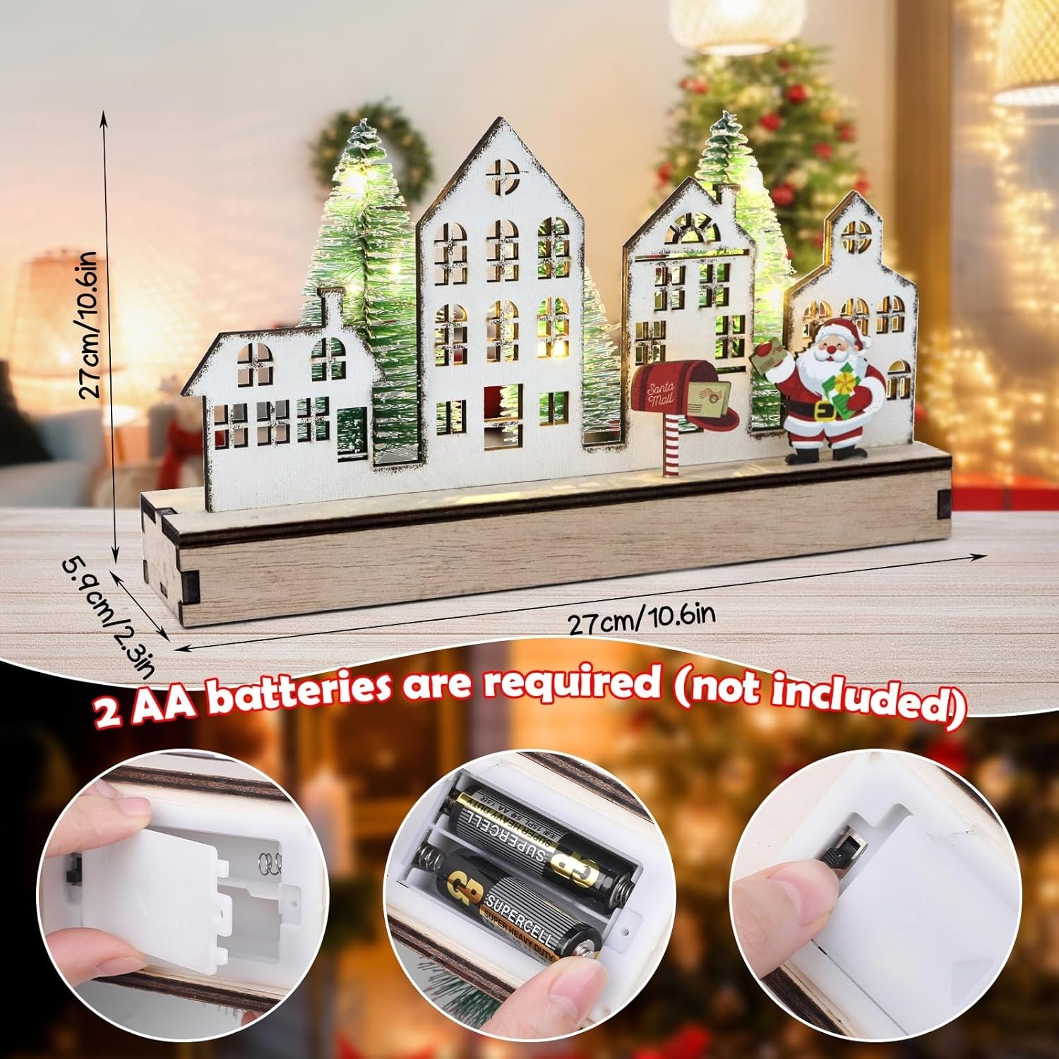 DERAYEE Christmas Lighted Wooden Tabletop Decor LED Christmas Village House Tree