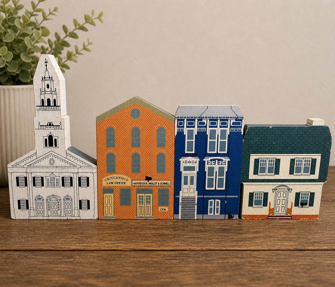 Cat’s Meow Village 4 Pc Lot Lady Iris Puritan House CPA Law Office Church Signed