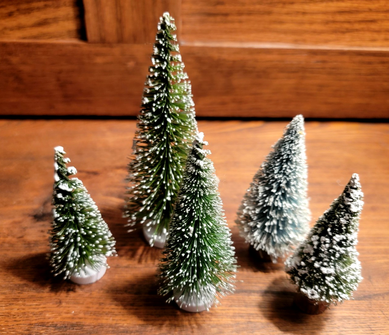 Vintage Bottle Brush Trees Flocked with Bases Lot of 5 TAIWAN