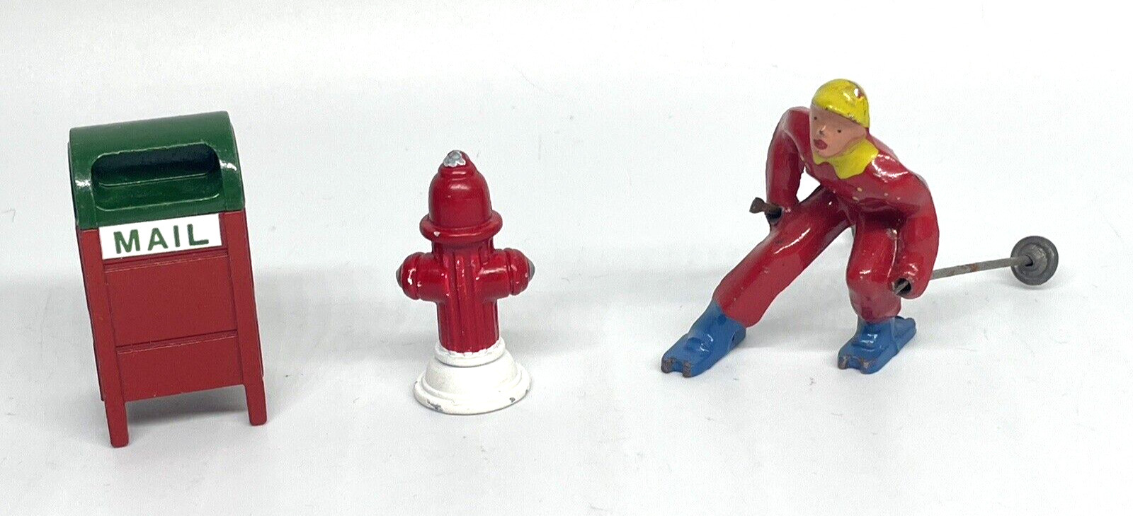 Metal Mailbox Fire Hydrant Man Skiing Christmas Village Figurines 3 Pcs Vintage