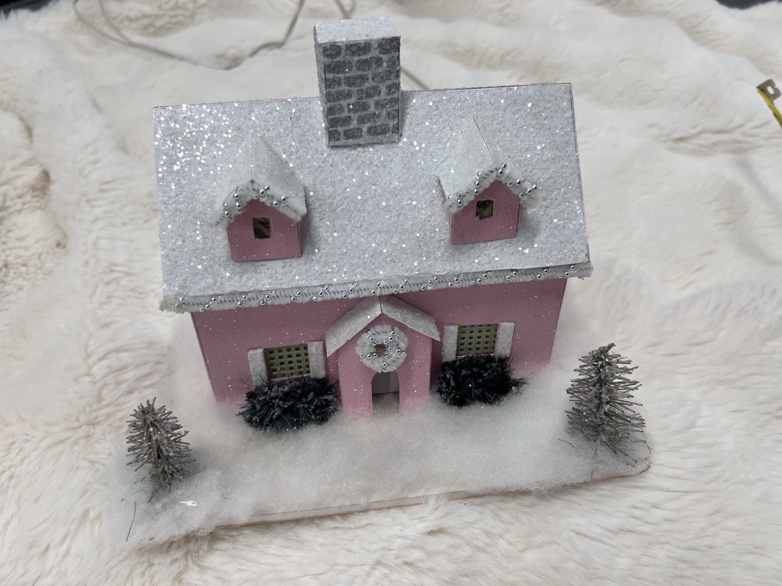 Lit Illuminated Paper Cardboard PINK House Christmas Village Putz Style Vtg
