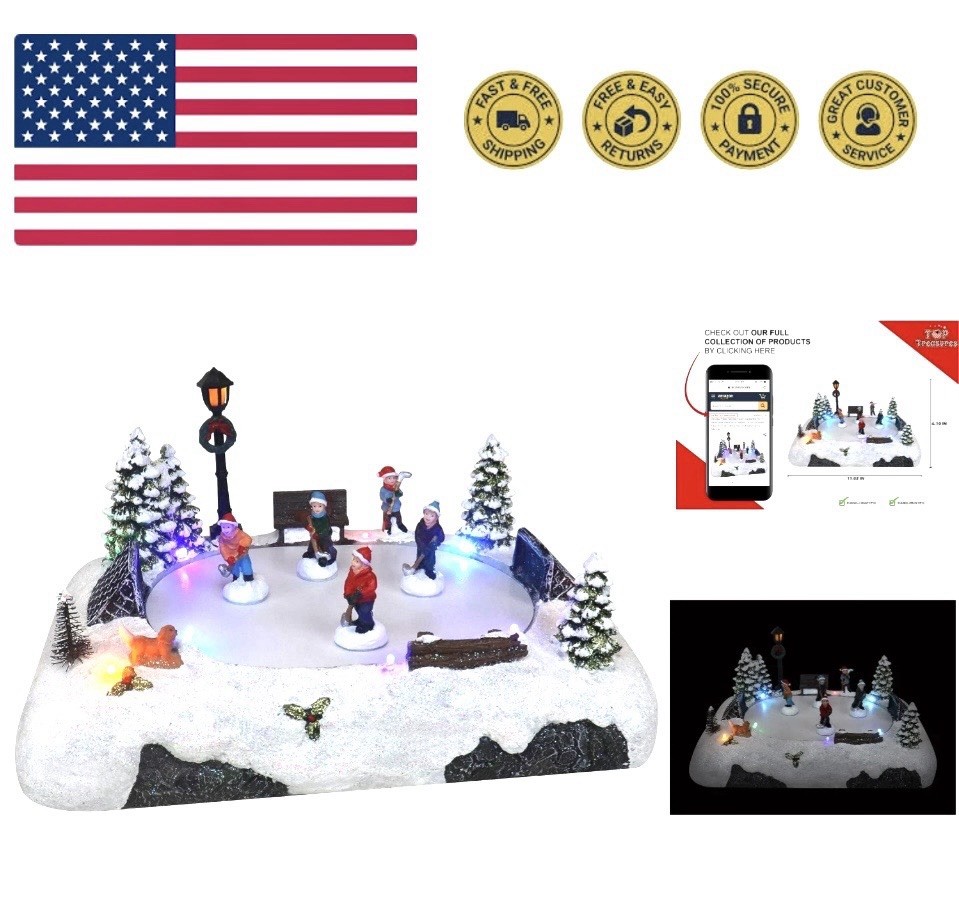 Christmas Village Tabletop Hockey Skating Rink – Animated Musical Pre-lit Win…