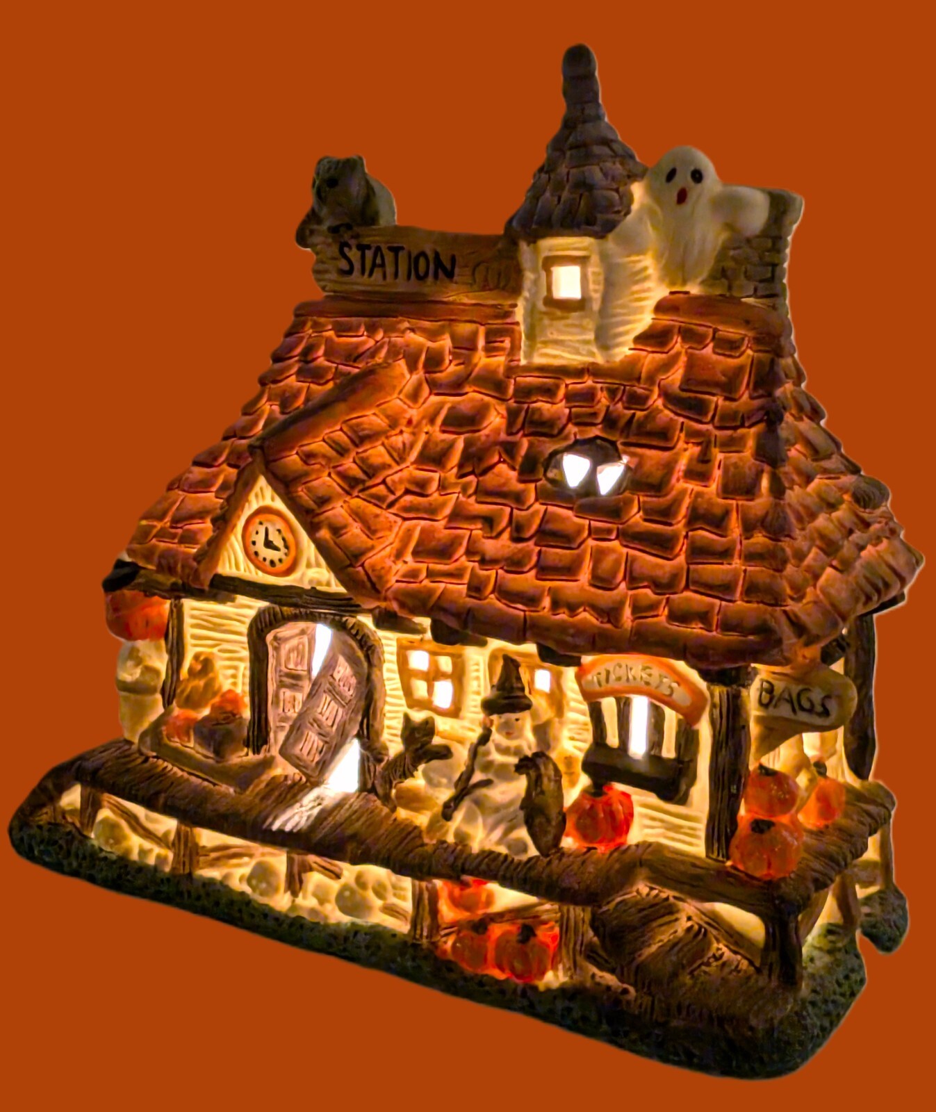 Spooky Hollow Lighted Halloween Train Station ~ Ghosts Black Cat Clock Pumpkins