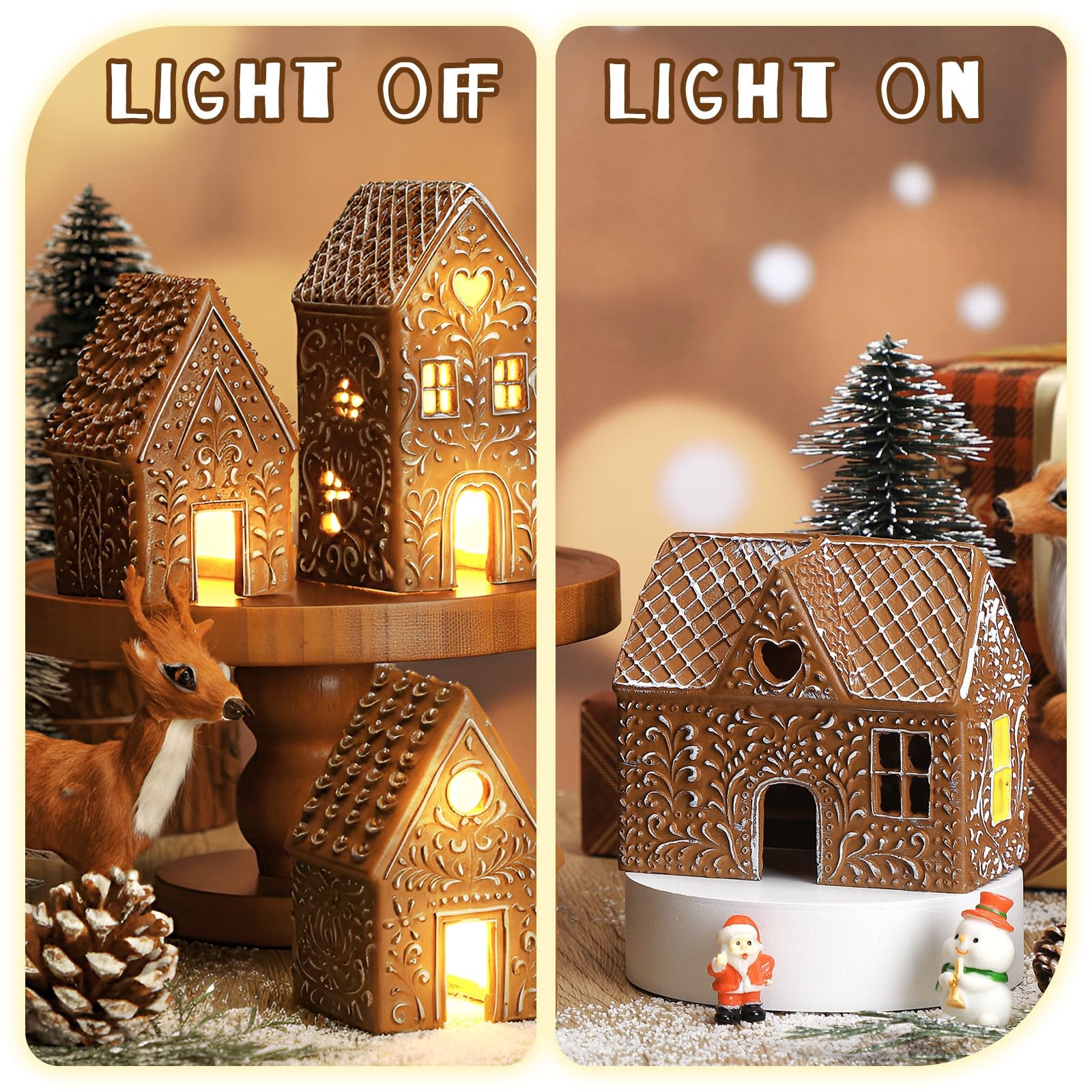 4 Pcs Christmas Lighted Gingerbread House Decoration Resin House Village Figu…
