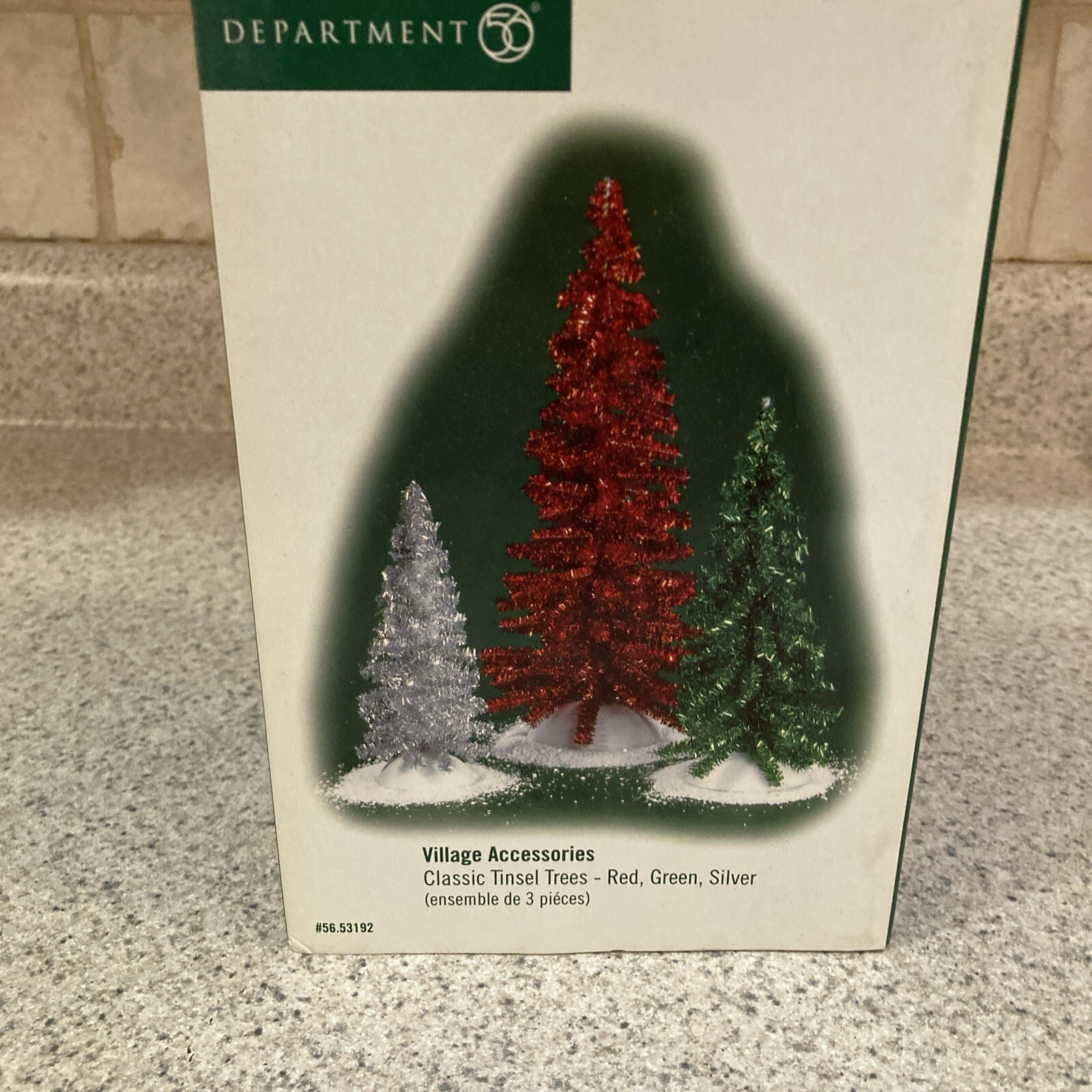 Christmas Village Accessory Classic Tinsel Trees Set of 3 Red Green Silver 53192