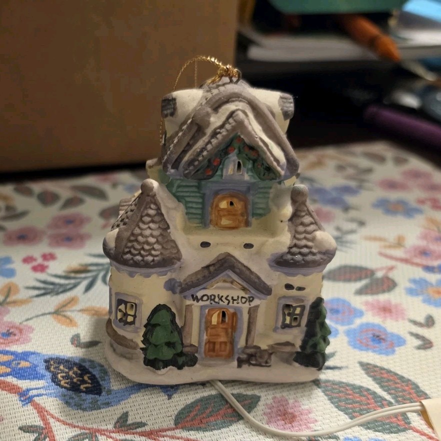 Ceramic Textured Painted Multicolor Christmas Workshop House Ornament Small