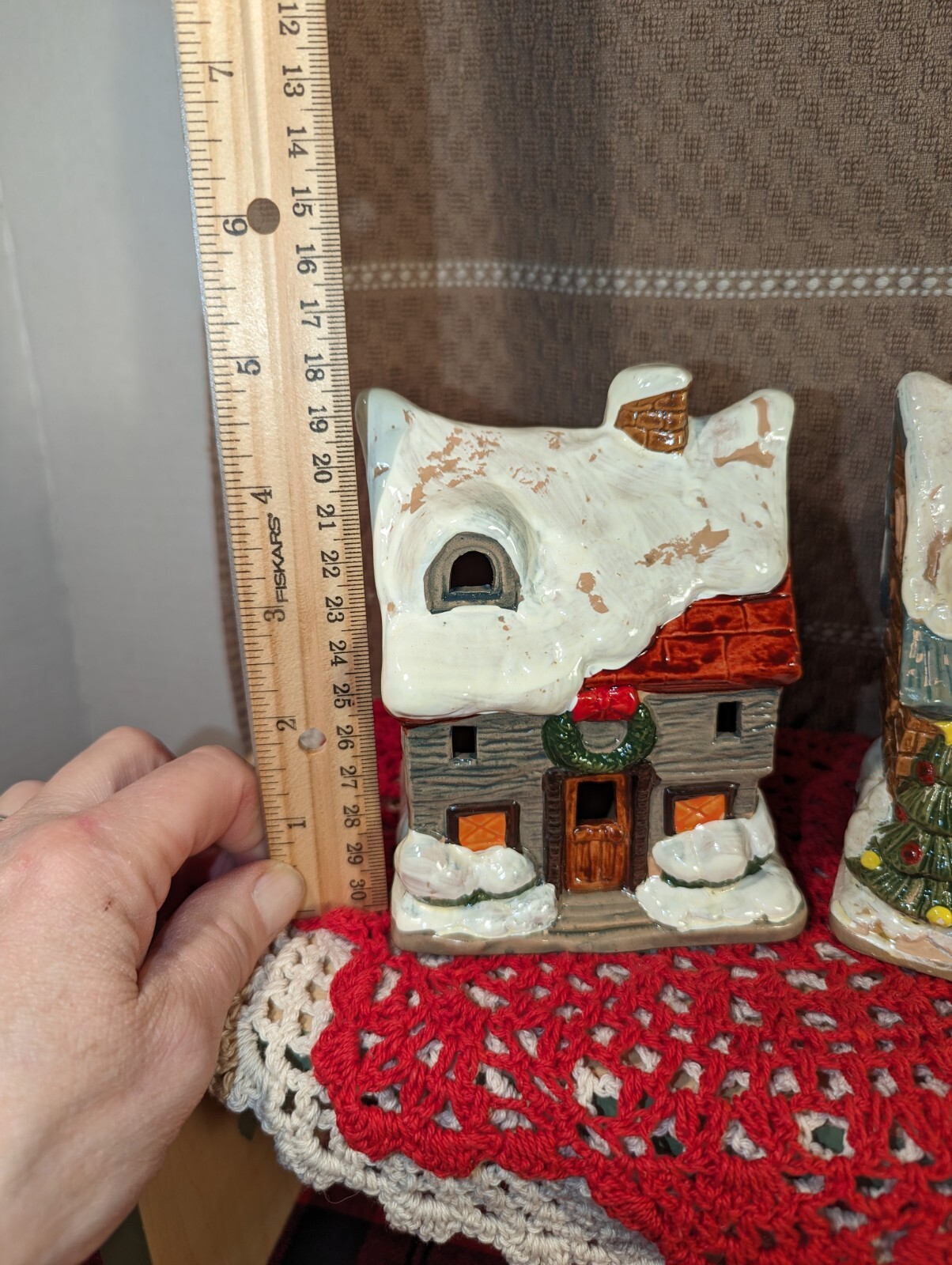 Christmas Village Houses Set Of Two Vintage Painted Taiwan, Can Be Lighted CUTE!