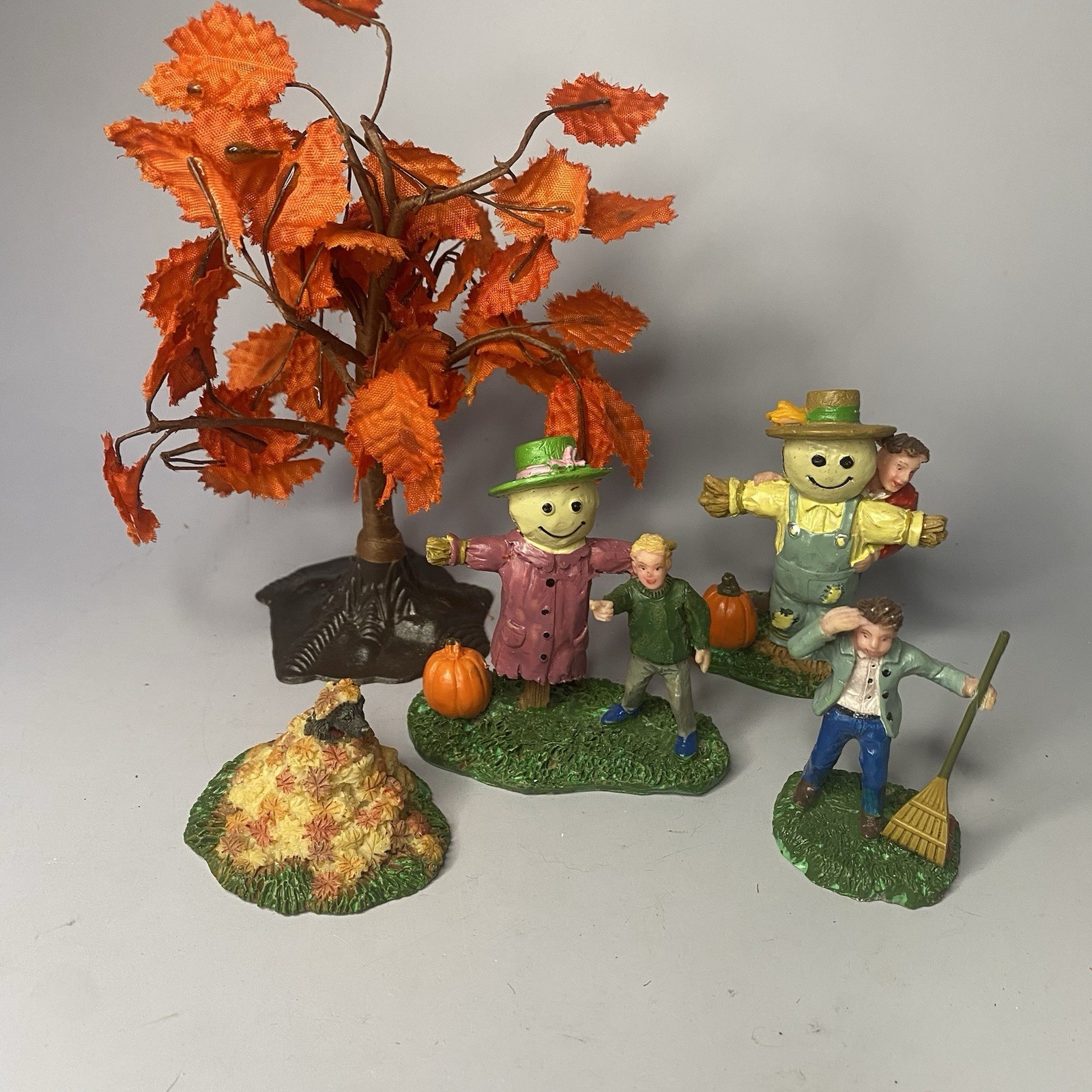 5 Lemax Spooky Autumn Town Figurines – Scarecrows, Tree, Raking Leaves, Dog