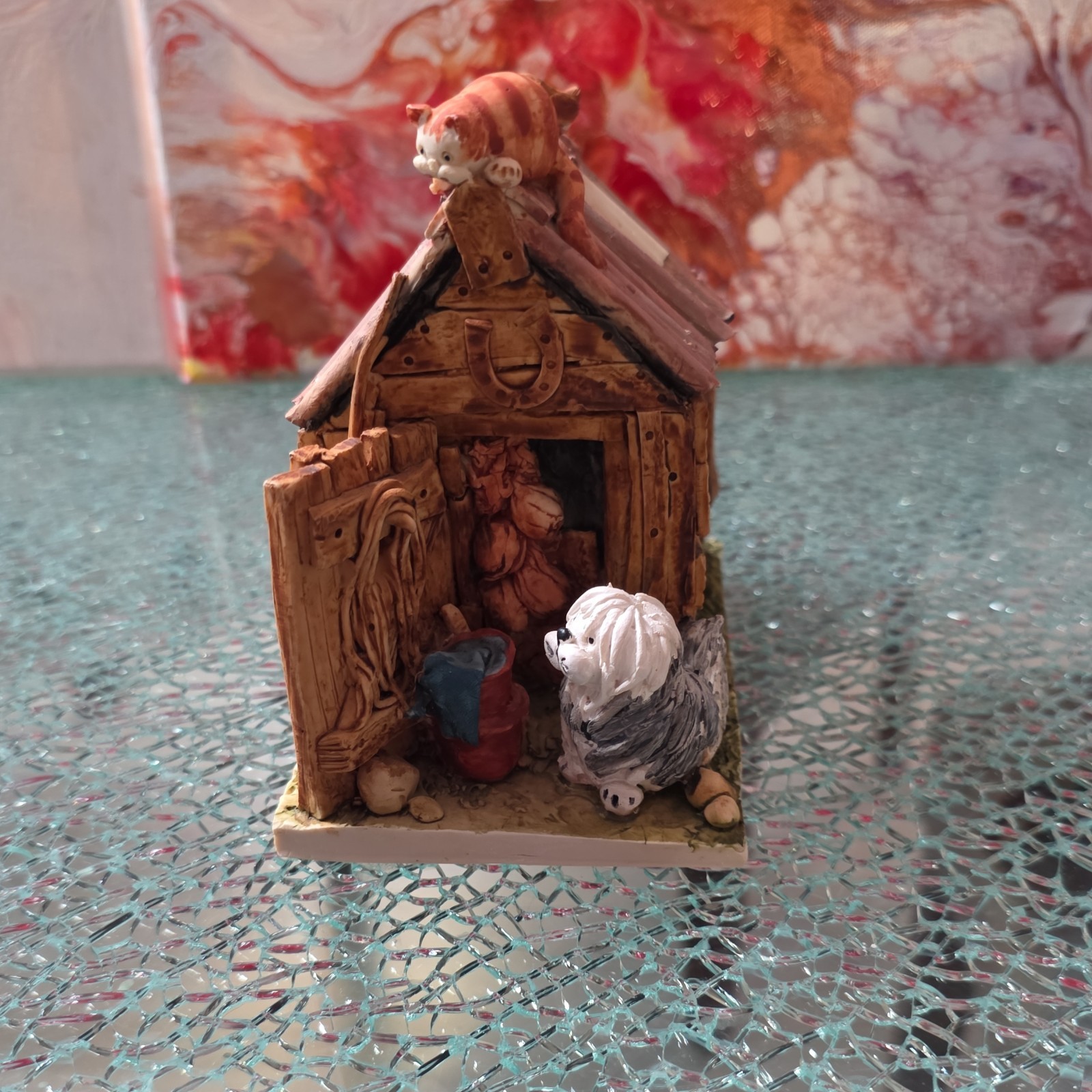 Resin Miniature House Figurine Hand Painted 3D Effect w/ Cat and Dog