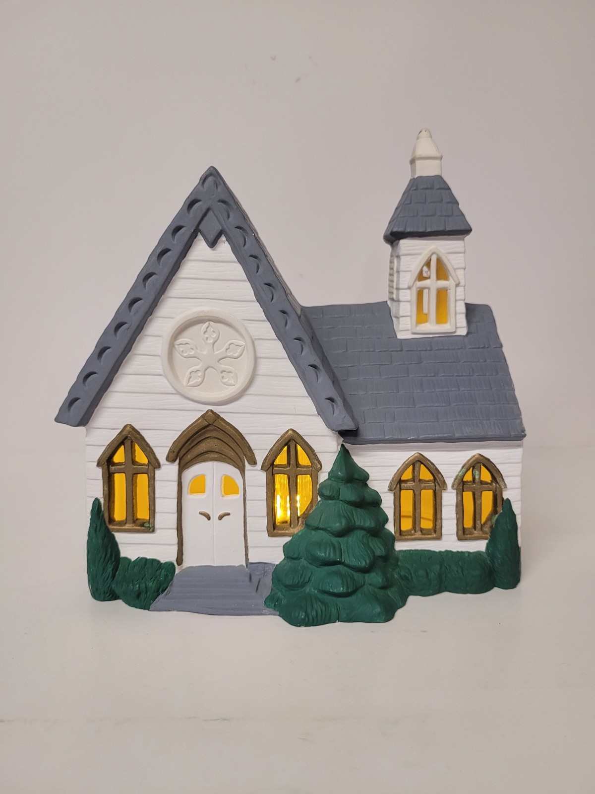 Vintage Hand Painted Ceramic Church Signed Linda Wolf 1990 Battery Operated