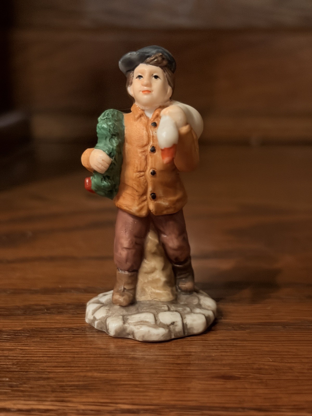 Vintage Mercuries Christmas Village Figurine BOY with GOOSE & WREATH Accessory