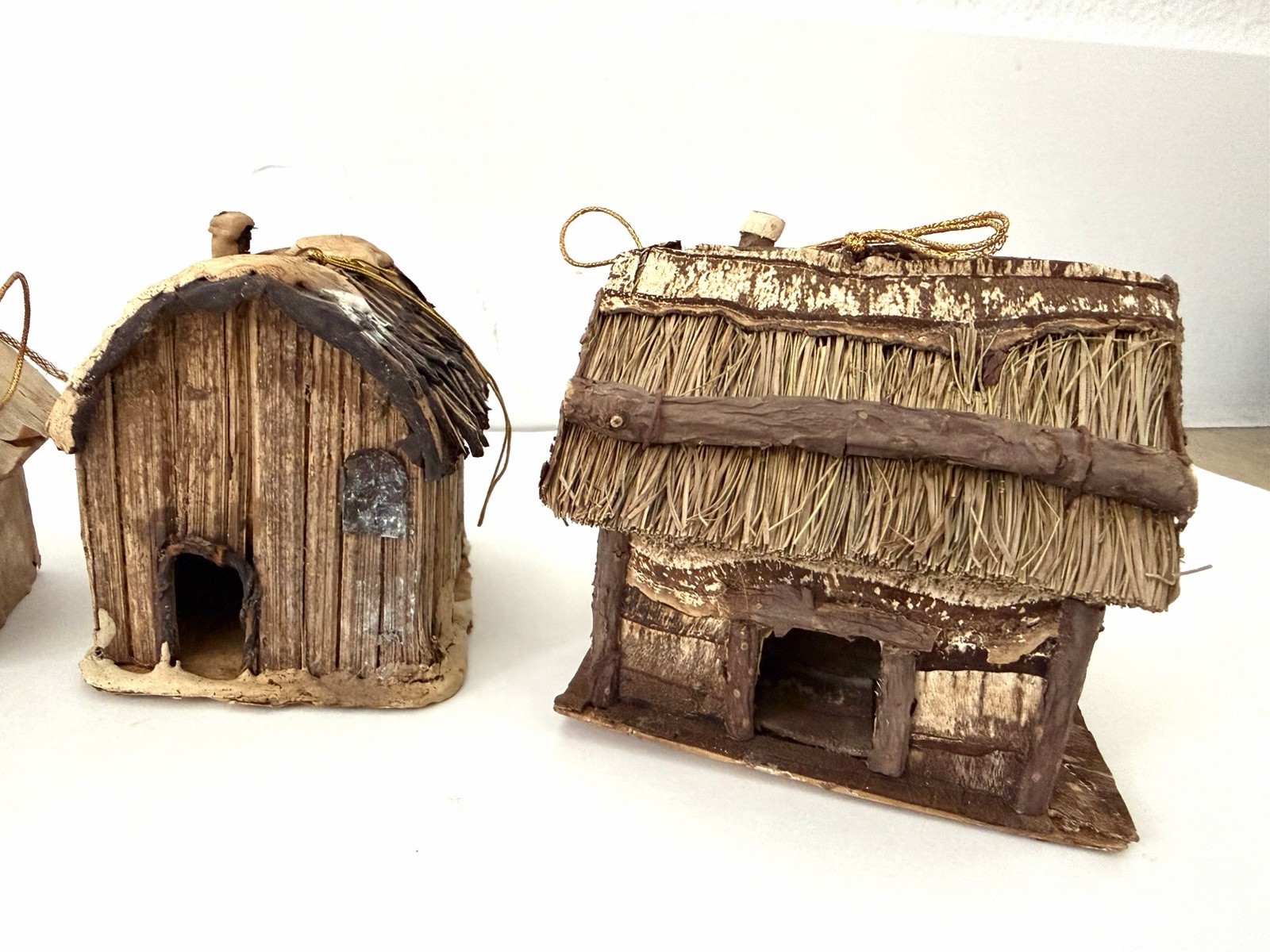 Vintage Miniature Folk Art Cabin Houses Ornaments, Bark, Wood, Straw, Lot Of 4