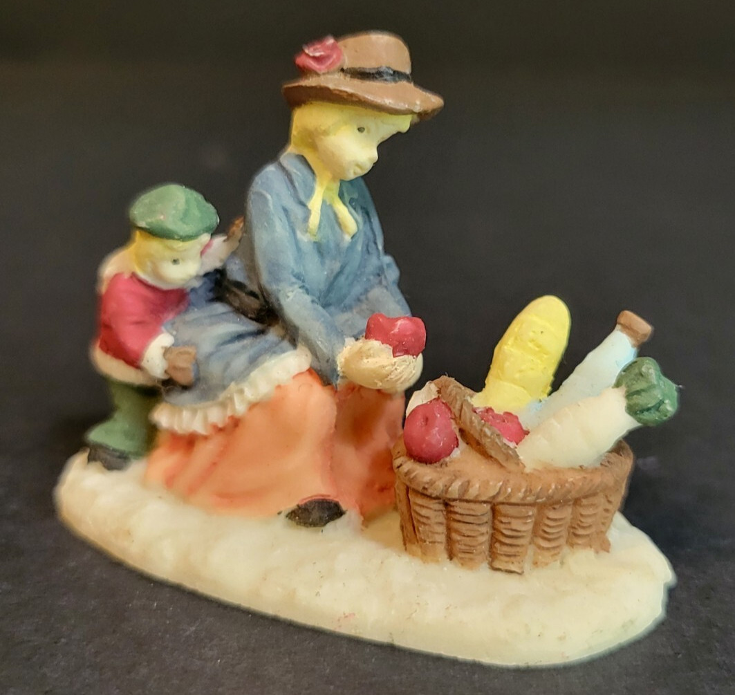 Miniature Christmas Village Mother and Child Basket of Food