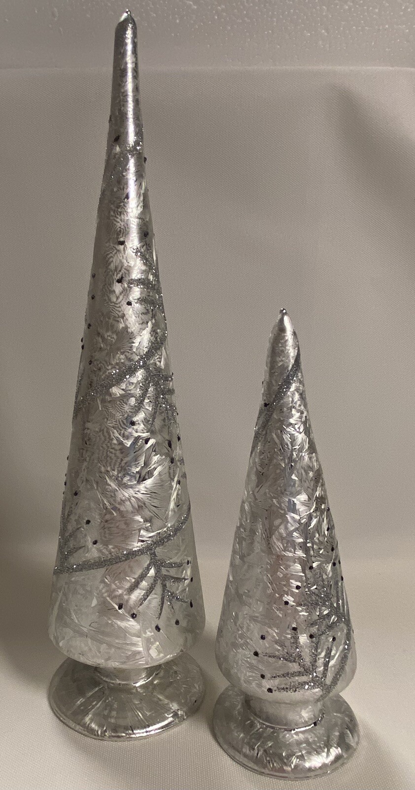 2 Silver Frosted Christmas Tree LED Light Up Metallic Table Mantle Decor 7″/ 12”