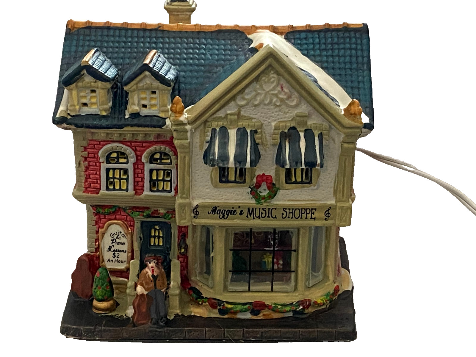 Vtg MAGGIE’S MUSIC SHOPPE Ceramic Lighted CHRISTMAS VILLAGE Building w/ BOX