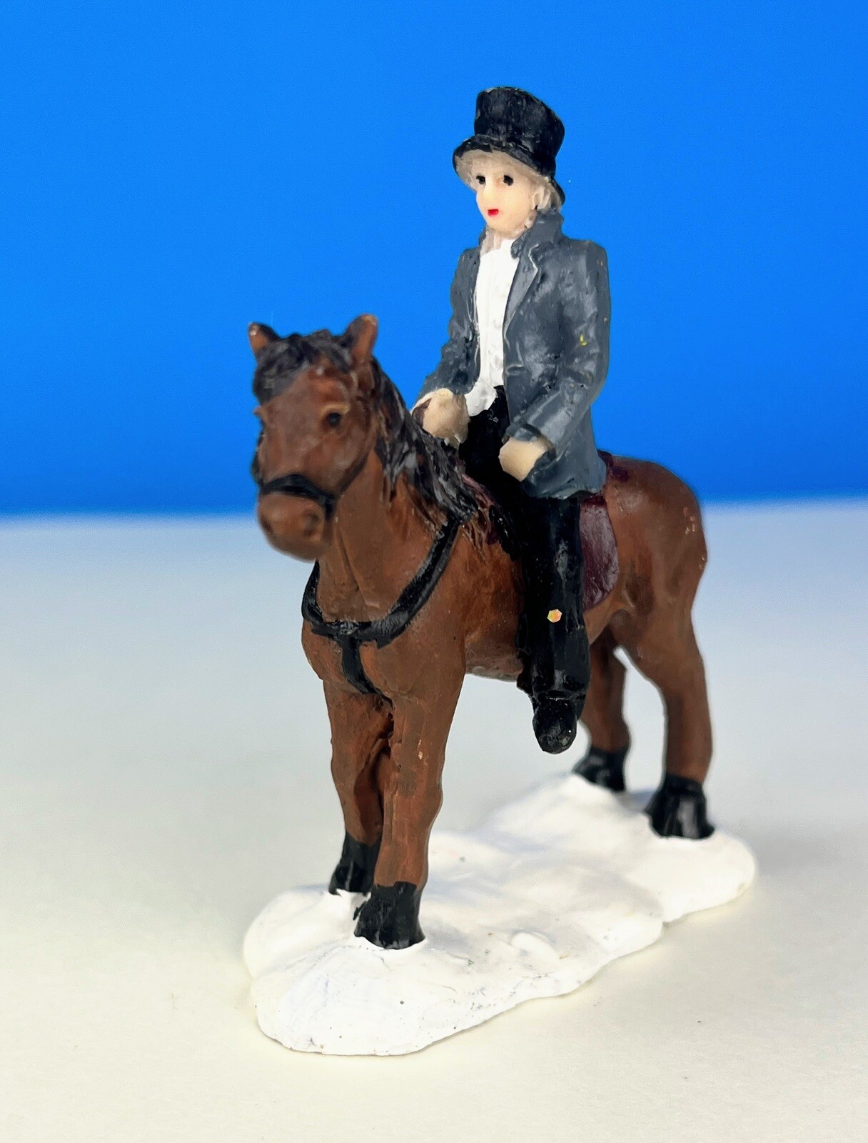Christmas Village Horse and Gray Rider Figure – Person with Black Hat on Horse