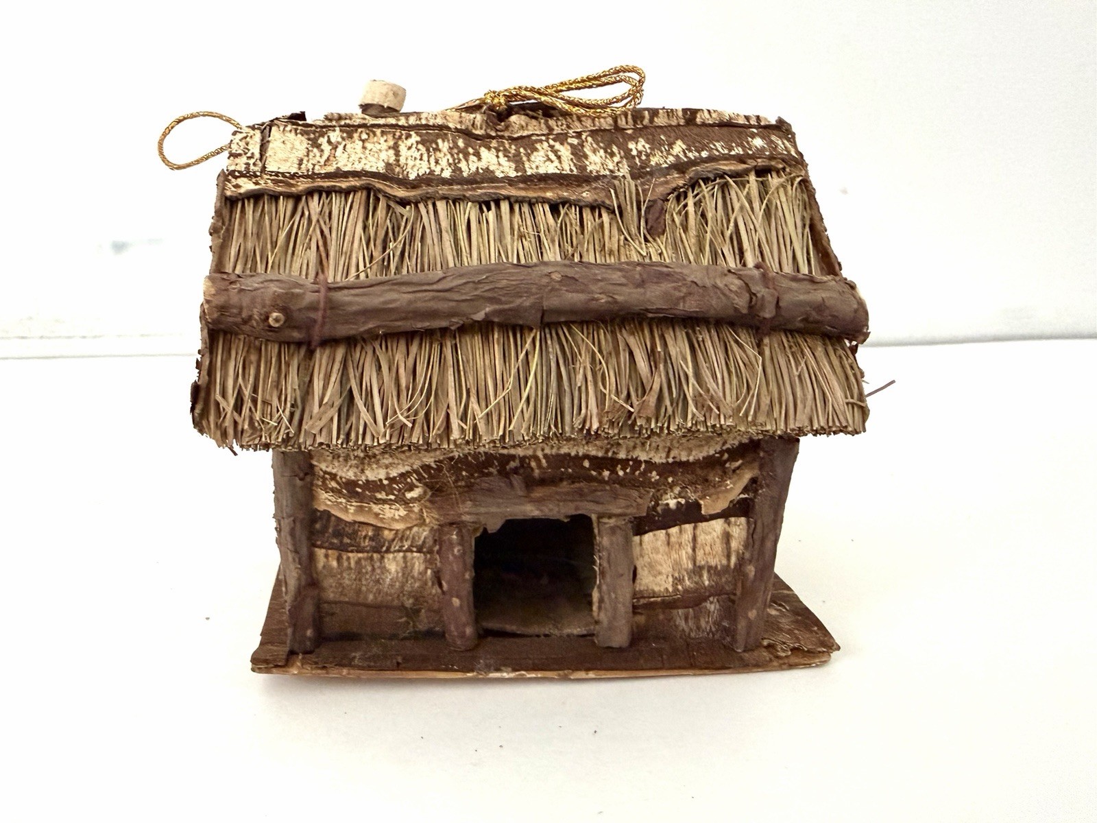 Vintage Miniature Folk Art Cabin Houses Ornaments, Bark, Wood, Straw, Lot Of 4