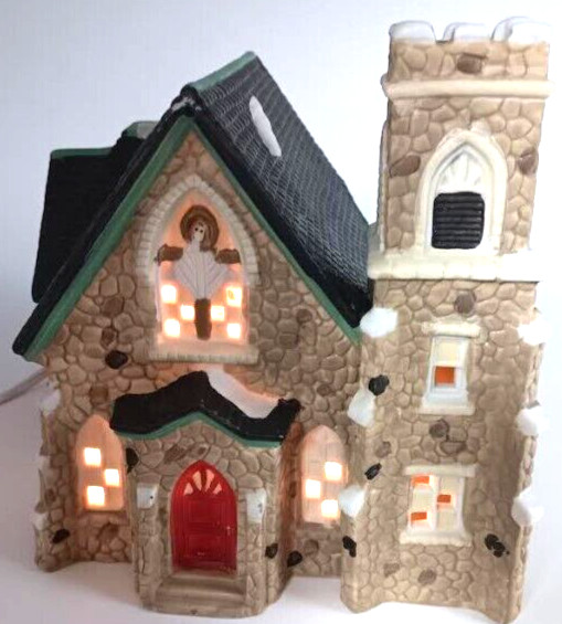 1994 “Lighted Country Stone Church” Christmas Village, Snow Cross~O’Well Novelty