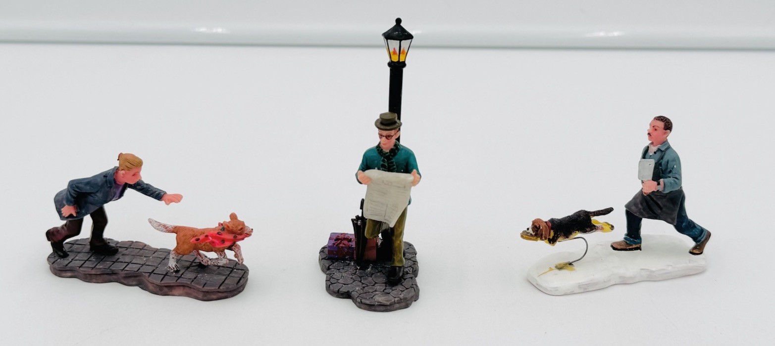 3 Lemax Adult Man Christmas Village Figurines Chasing Dogs
