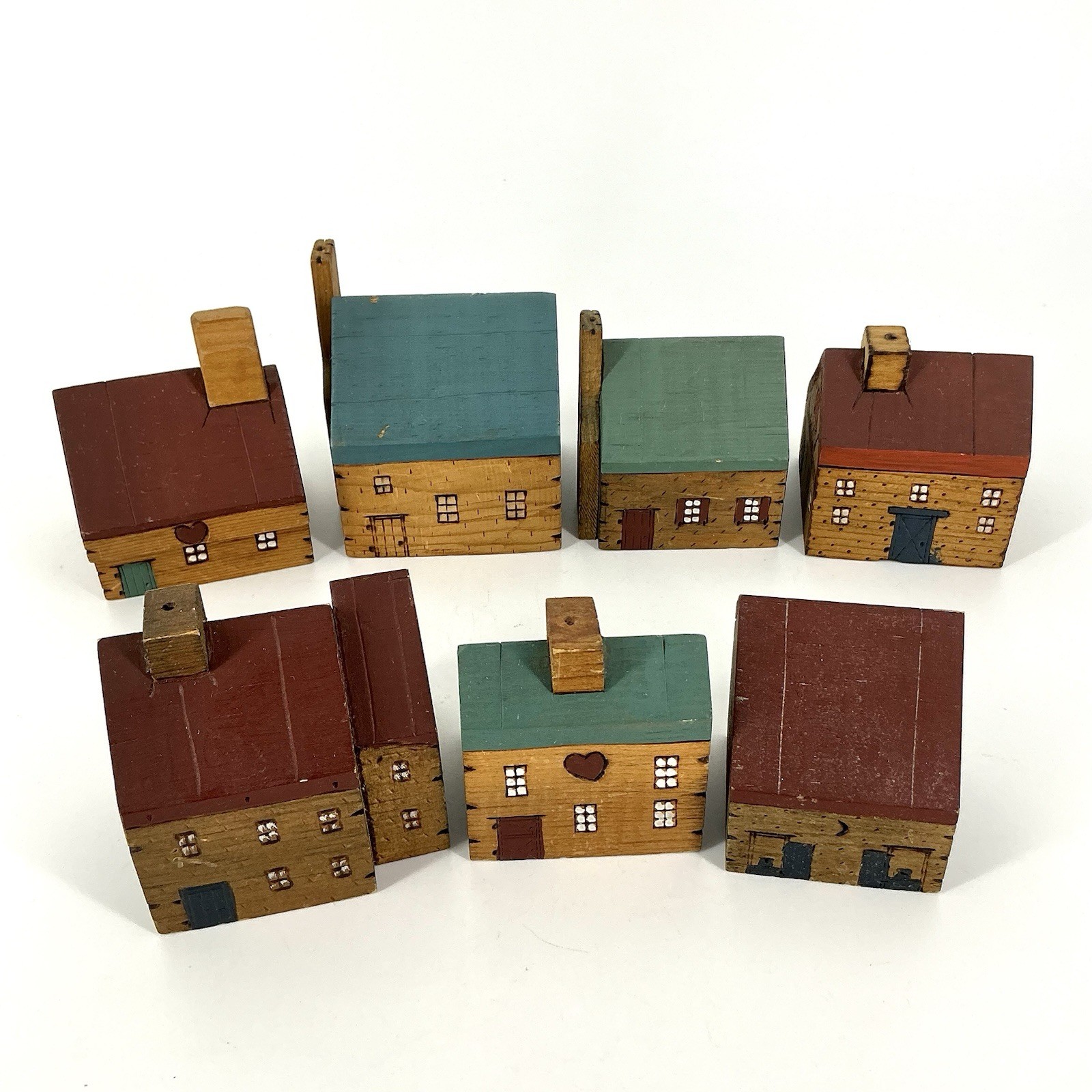 Primitive Wooden Block Houses Village Pyrography Folk Art Miniature Set Of 7