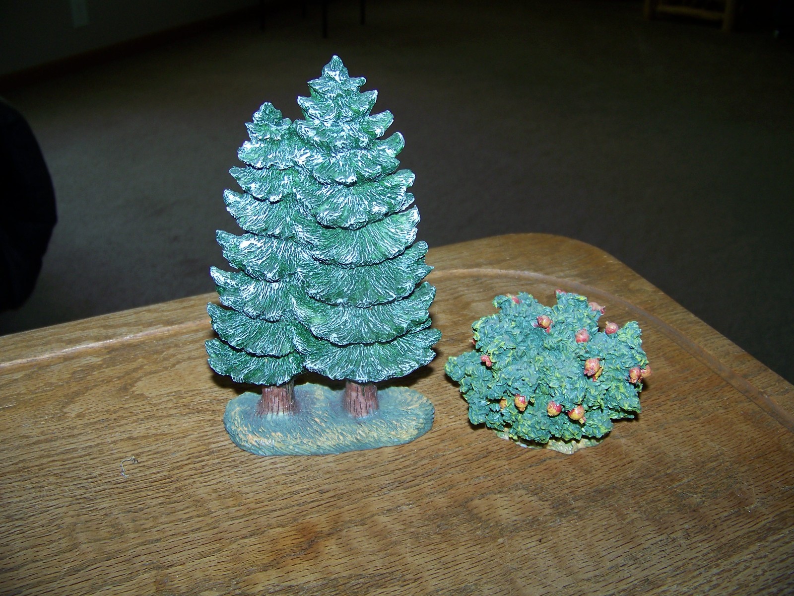 Lot of 2 Christmas Village Christmas Tree & Round Shrub Bush w/Red Berries Nice!