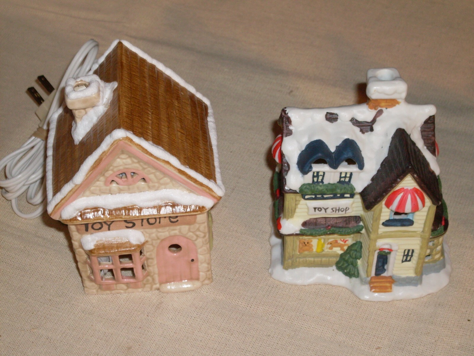 Village Houses. Five colorful, detailed ceramic pieces for display. 4″ tall