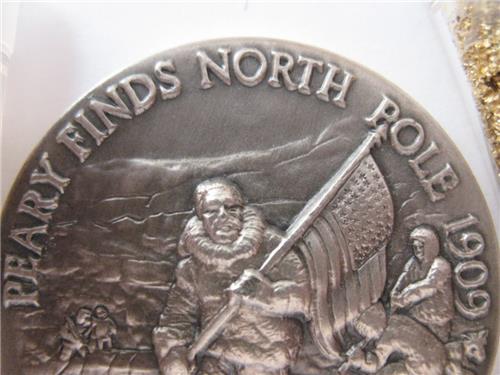 1+OZ.LONGINES STERLING SILVER 1909 ROBERT PEARY DISC NORTH POLE COIN+GOLD UNC