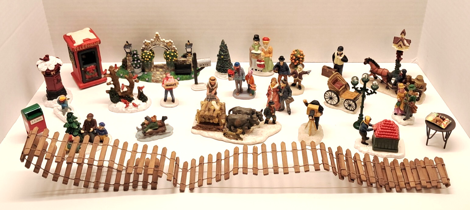 MISC Christmas Village Figure & Accessory LOT Phone Booth Fencing Mailbox Lot #7