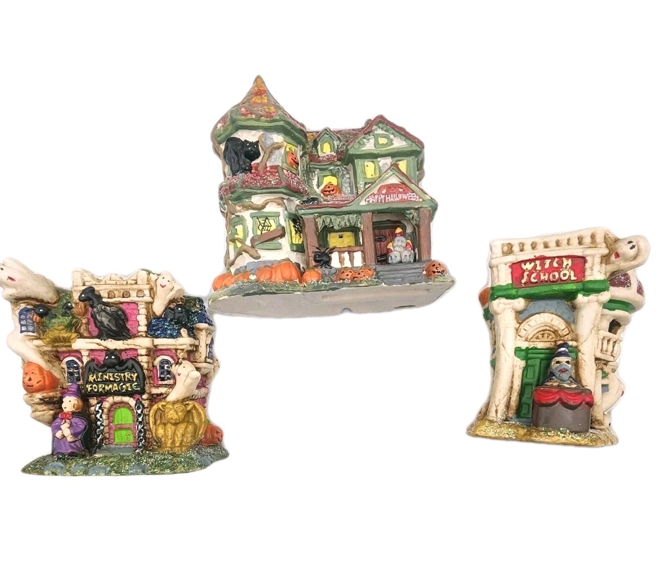 Set of 3 Halloween Village Ceramic Houses Lighted Decor 4x5in Lights Not Include