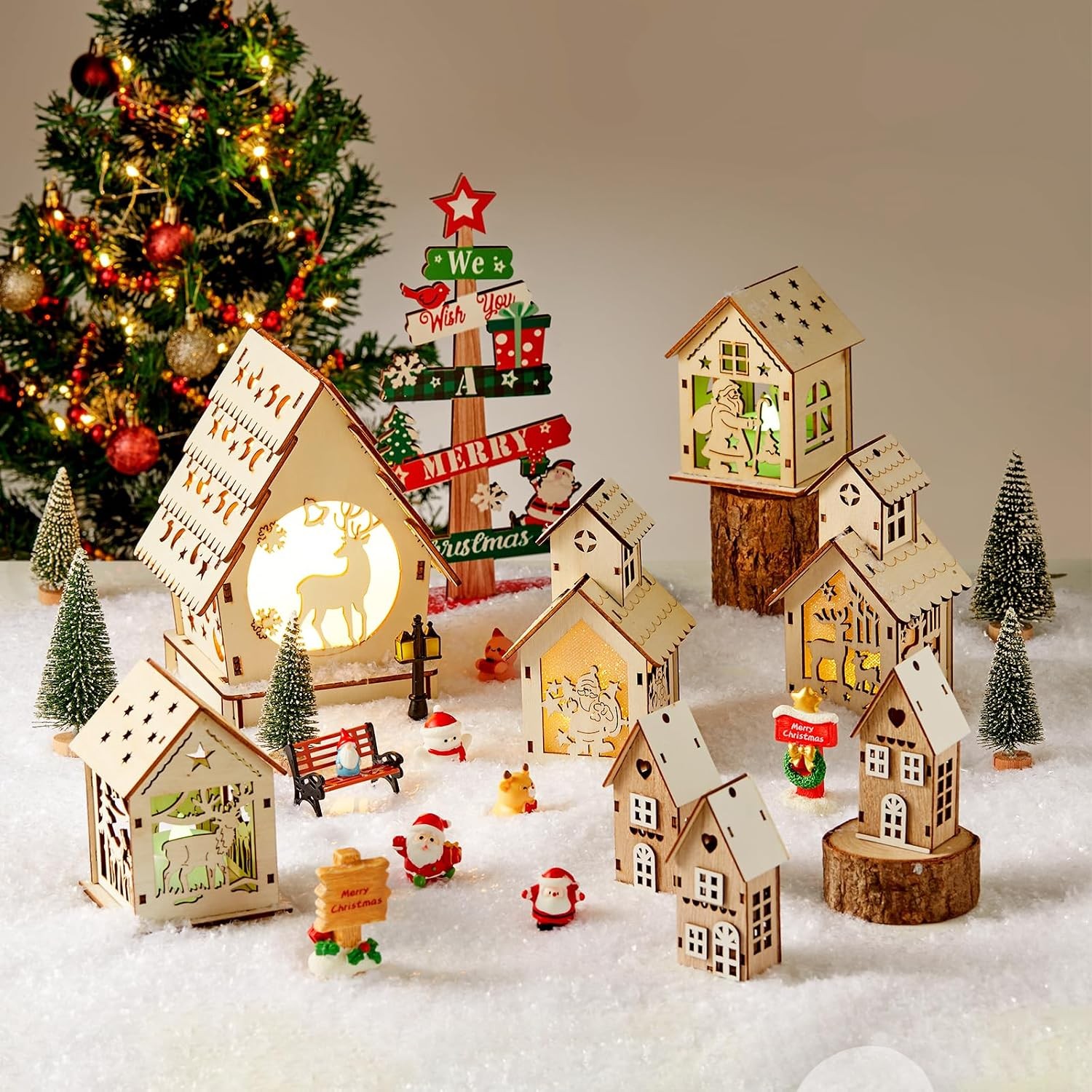 29pcs Christmas Village Sets Lighted DIY Wooden Christmas Village Houses for Cra