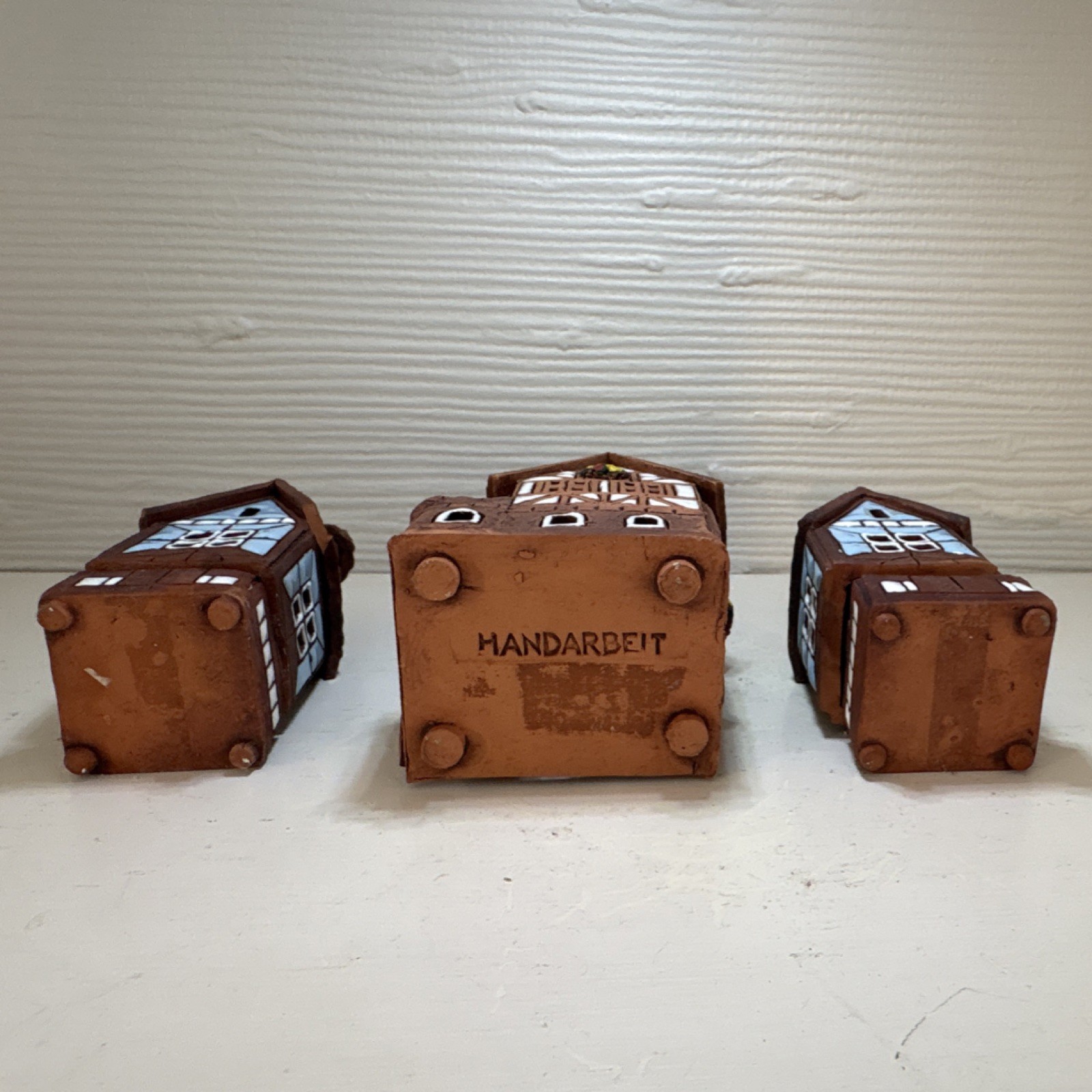 Handmade Hand Painted Ceramic Village House Figurines Set of 3 Brown Blue White