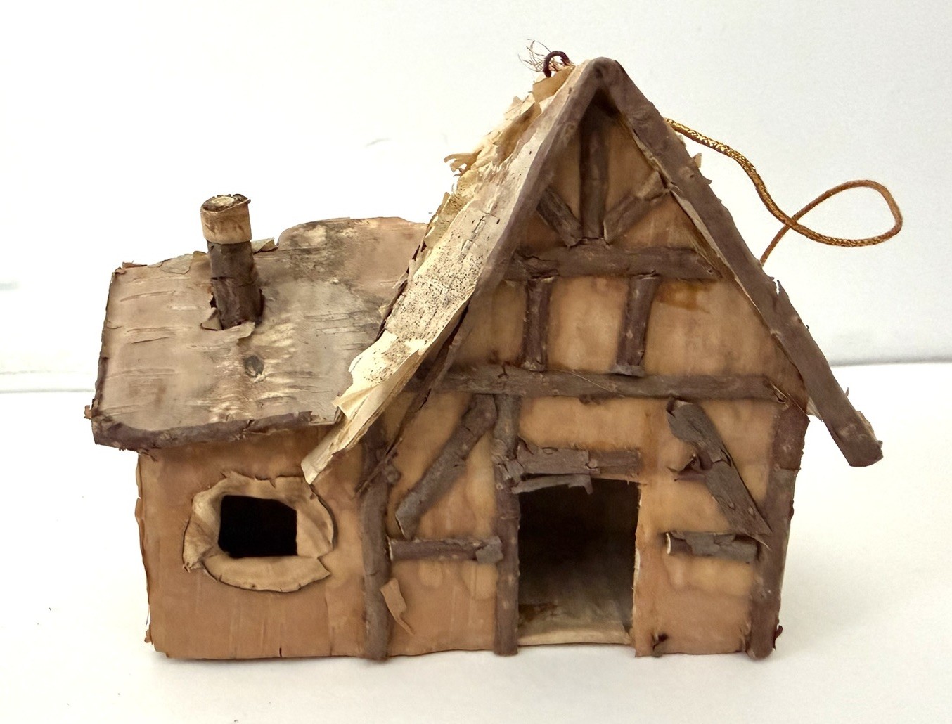 Vintage Miniature Folk Art Cabin Houses Ornaments, Bark, Wood, Straw, Lot Of 4