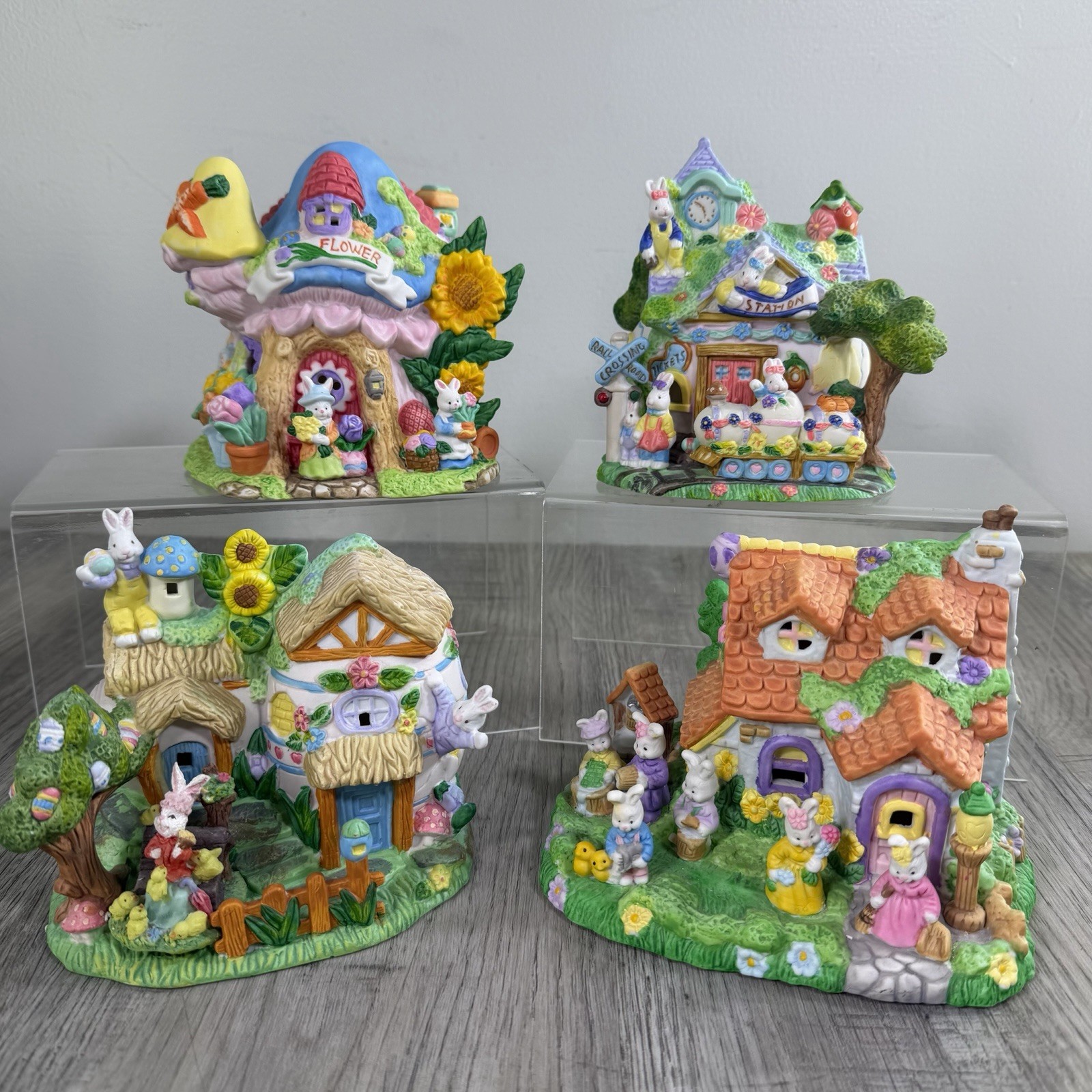 Lot Of 4 Vintage Easter Bunny Lane Porcelain Easter Houses Spring Hand Painted