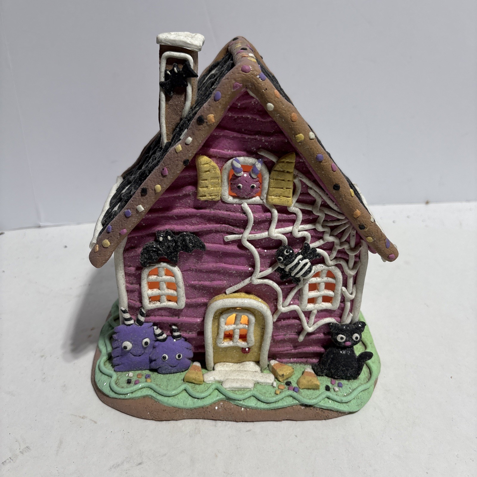 Spooky Ghoulish Pink Halloween Gingerbread / Clay House Lights up