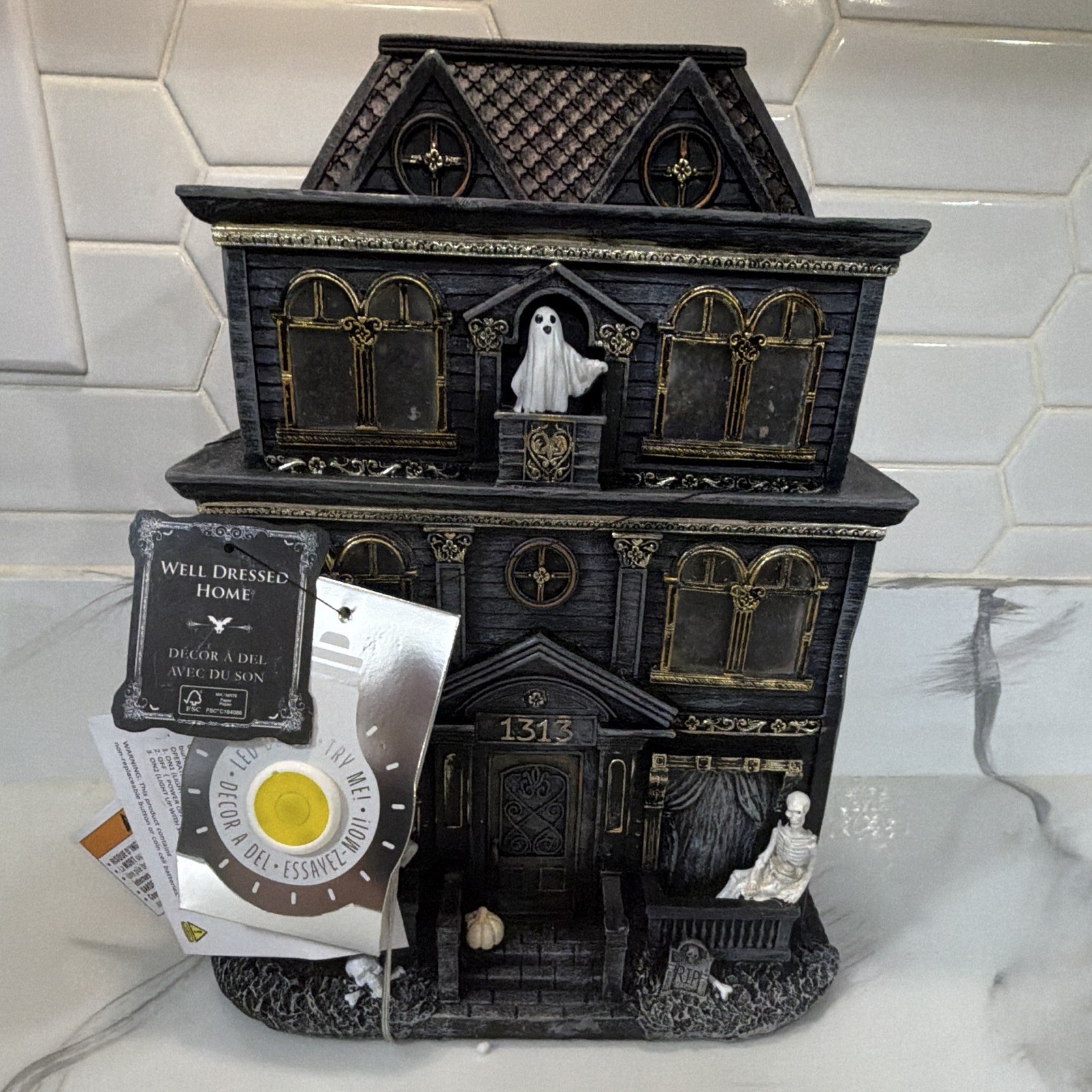 Well Dressed Home Lighted Resin Haunted House 1313 Halloween w/ Ghost Skeleton