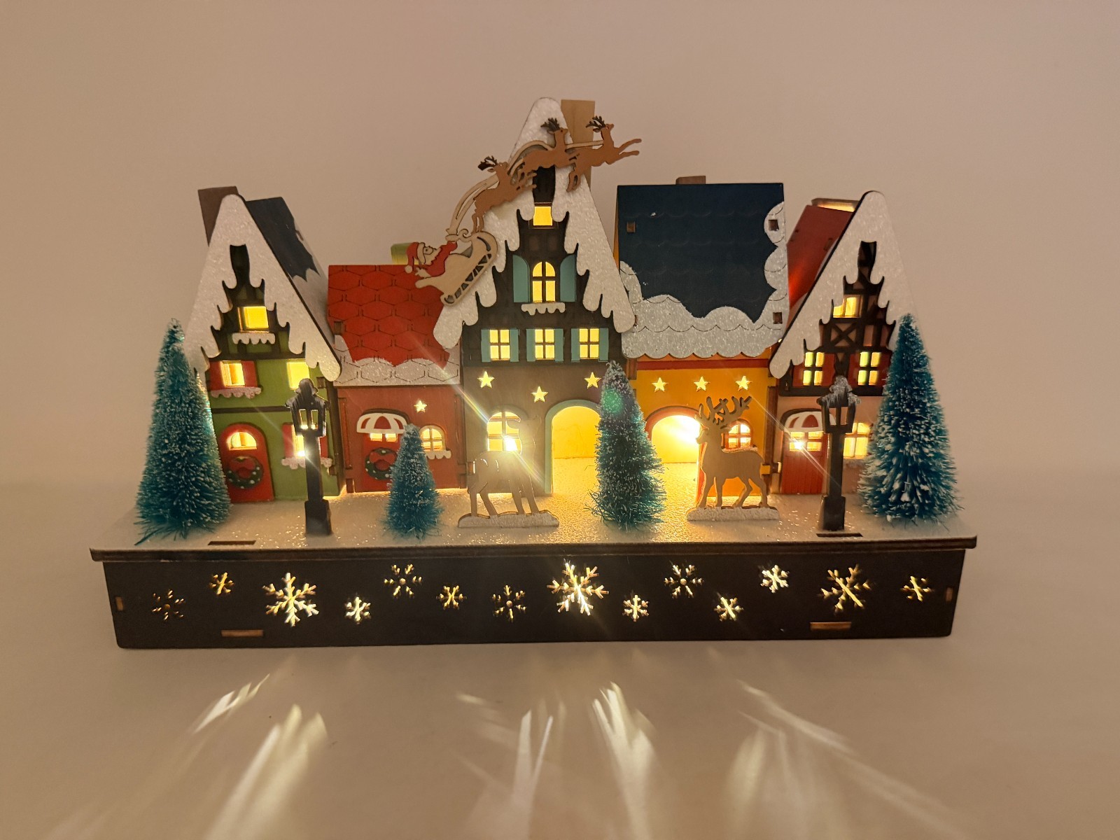 Laser Cut Wood LED Lighted Holiday Christmas Village w/Santa & Reindeers