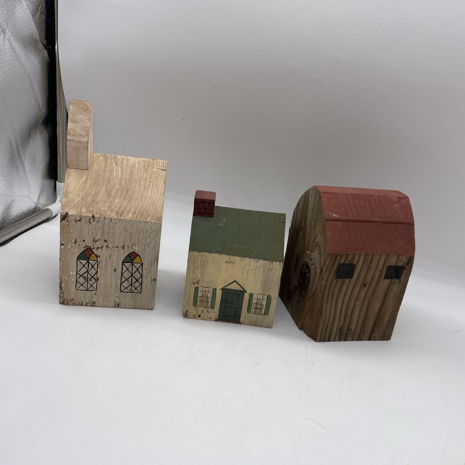 Primitive Mini Buildings Block Wooden House Church Barn Folk Art Lot Of 3 – 1988