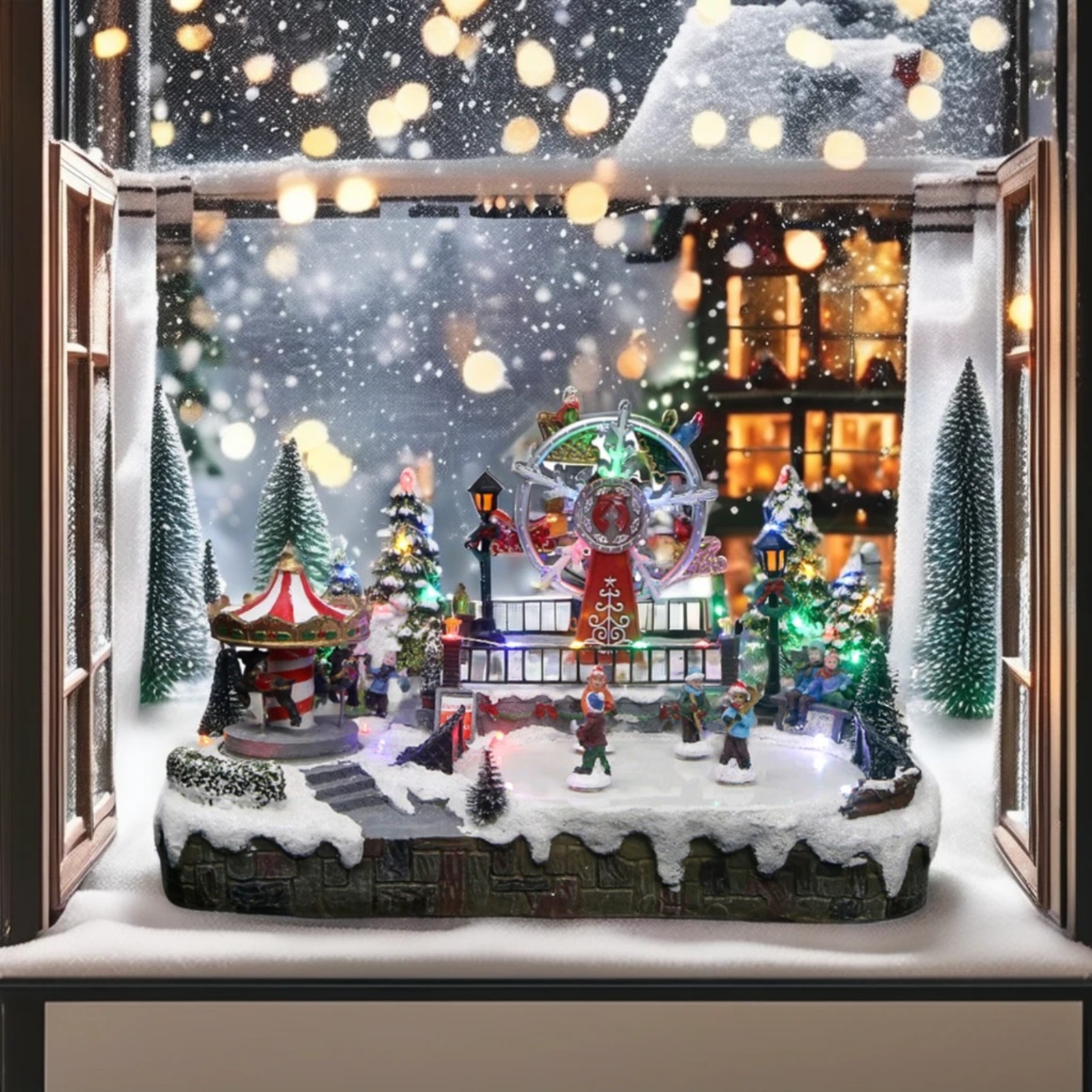 Christmas Village Led Lights Moving Skaters, Carousel And Ferris Wheel Functio