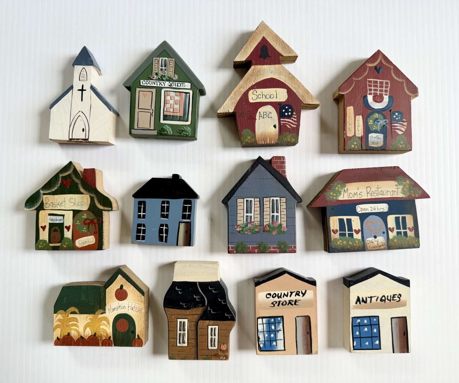 Vtg Lot Of 12 Wooden Houses, Buildings Shelf Decor Hand Painted, Signed B Smith