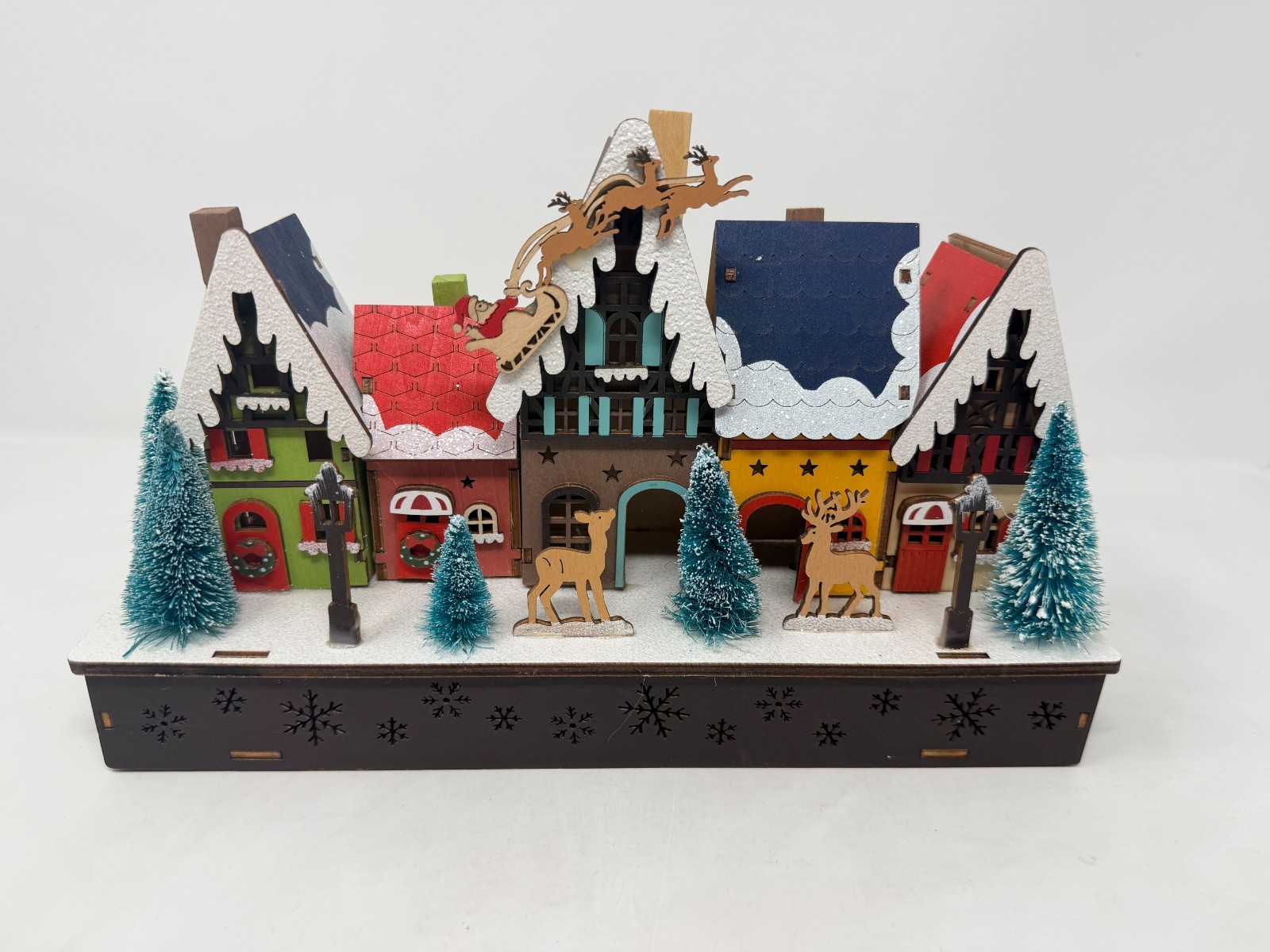 Laser Cut Wood LED Lighted Holiday Christmas Village w/Santa & Reindeers