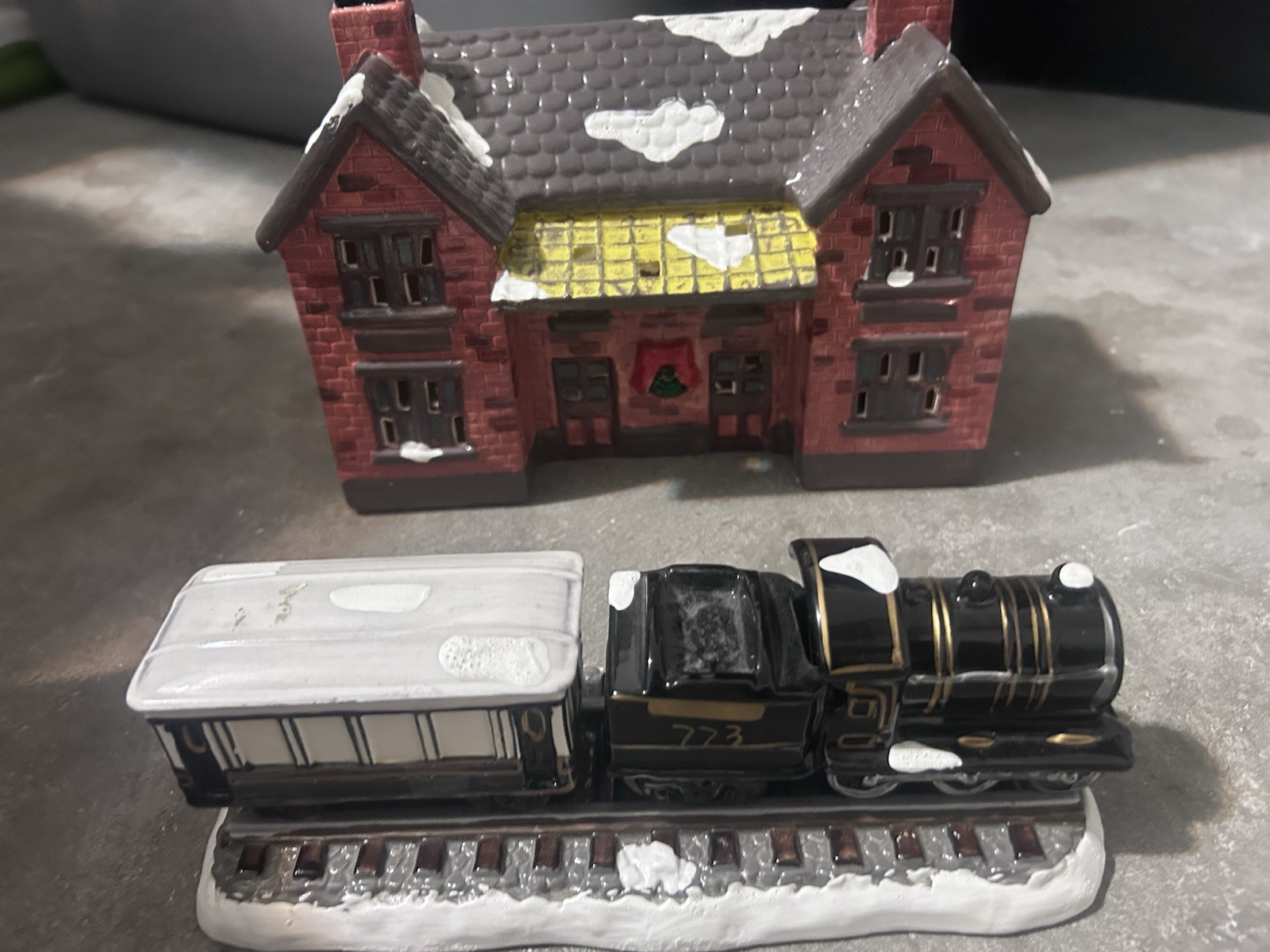Hand Painted Christmas Village Ceramic House & Train Set 2pc Multicolor