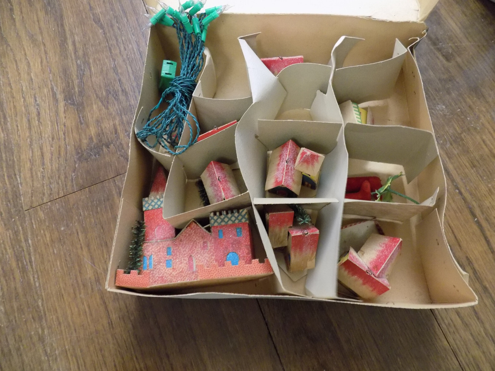 Vtg Set Lot Christmas Mini Paper Village House Church Castle Lights Putz Itaian
