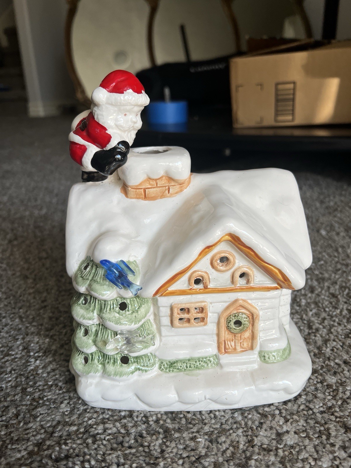 Vintage Christmas Village Tea Light Illuminated White Hand Painted Ceramic House