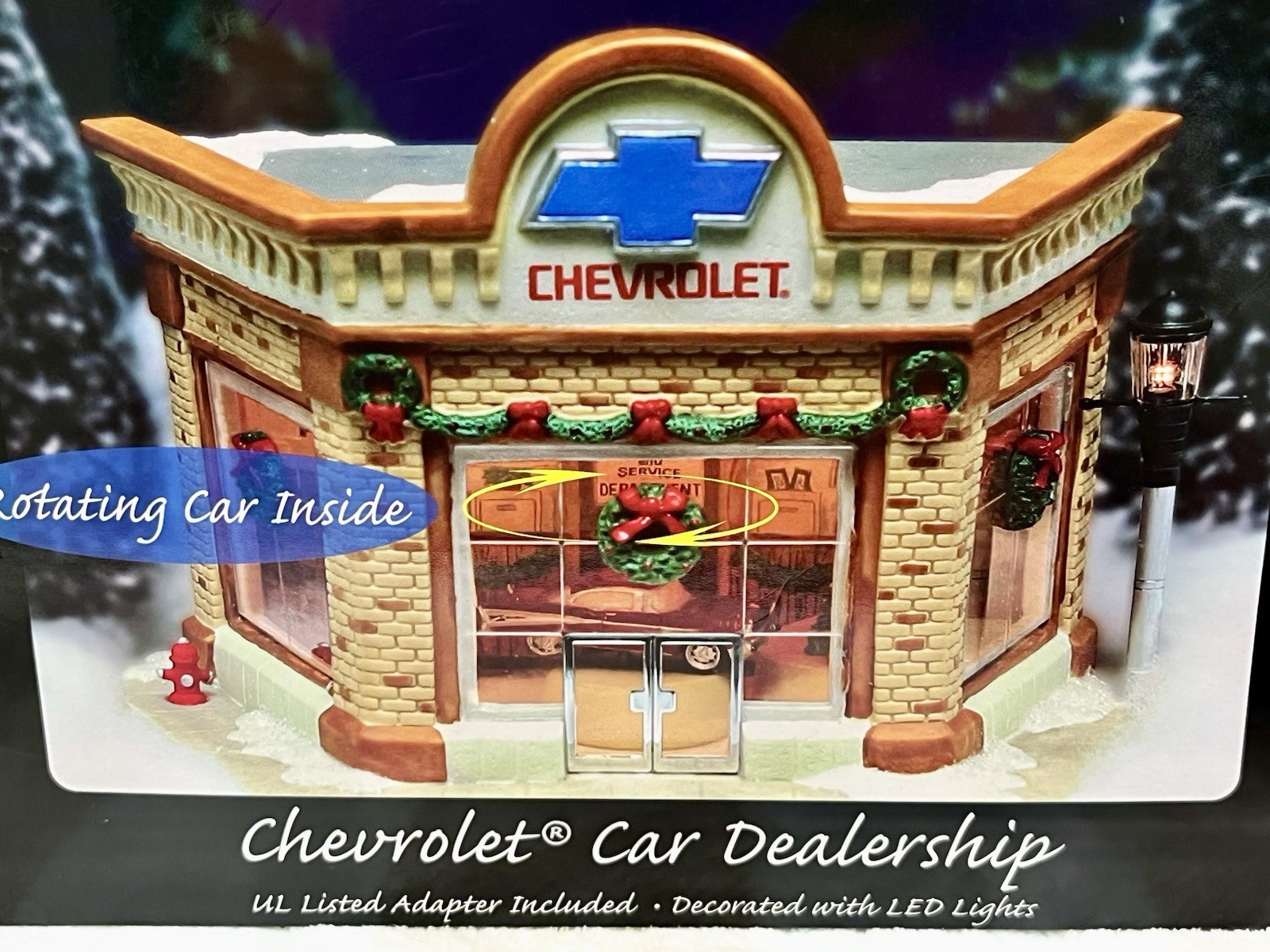American Classics Chevrolet Dealership Christmas Village Lights Rotating GM Car