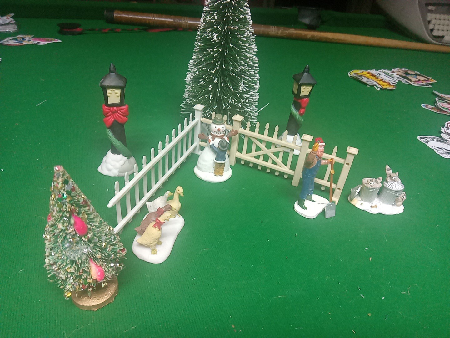 Farmer Christmas Village Accessory Lot Of Misc. Trees, Fencing, Figures Etc 10pc