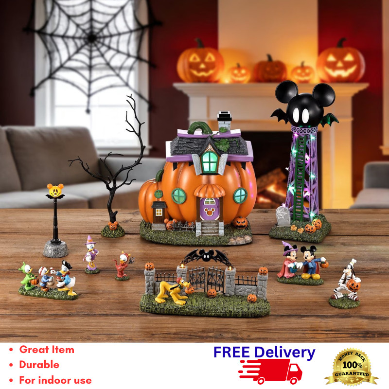 Halloween Village Set 10 Pc Pre-Lit Musical Haunted House Figurine Decor New