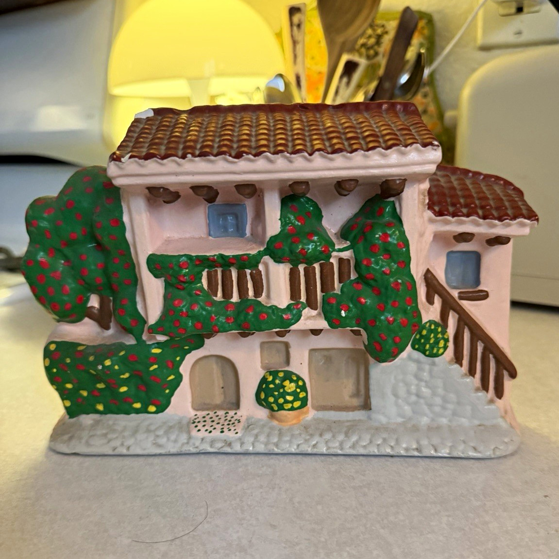Ceramic & Porcelain Village House Figurine, Painted Multicolor, Marked 850