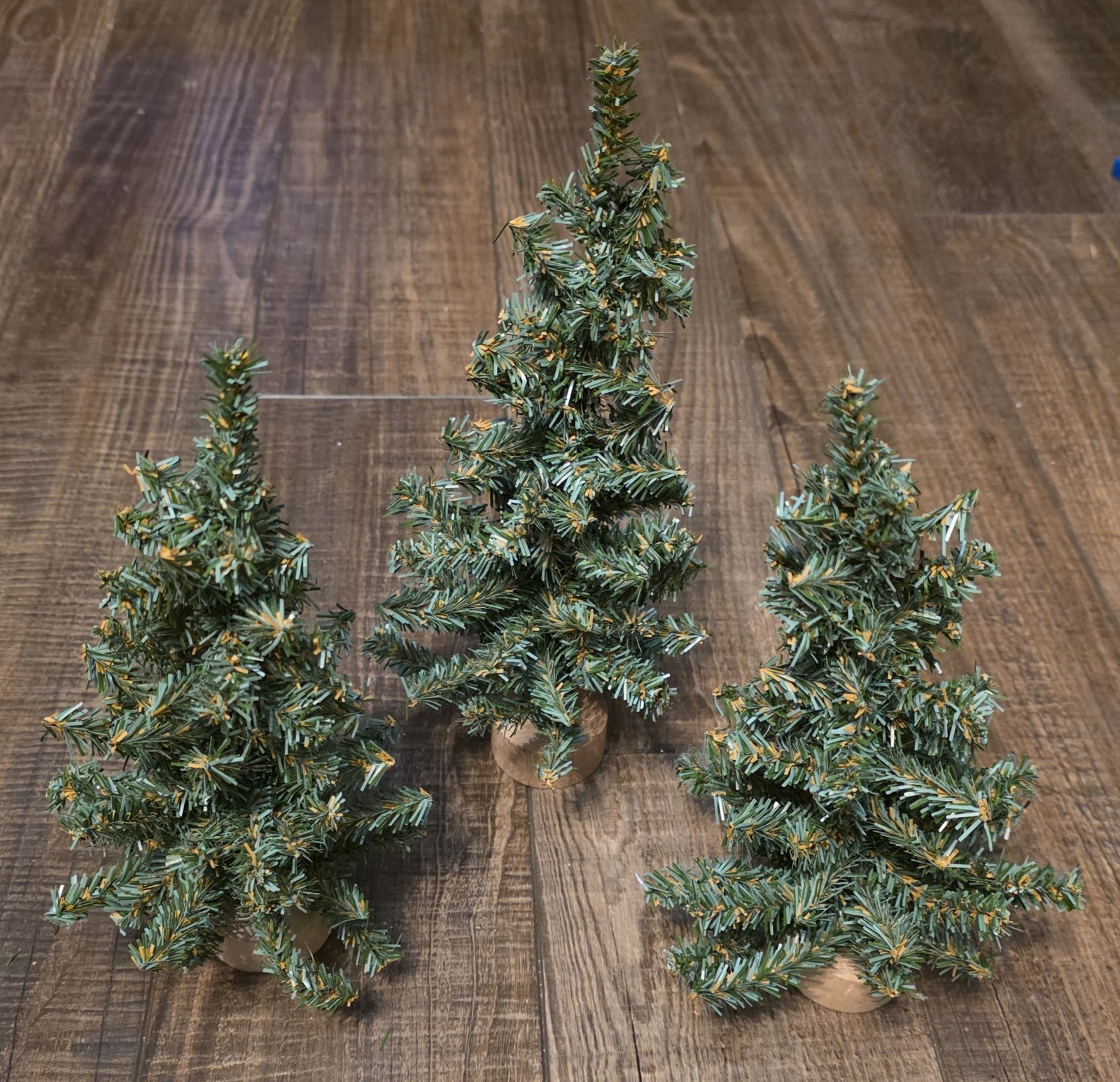 Lot Of 3 Christmas Trees On Wooden Base for Christmas/Snow Village 9″ Tall